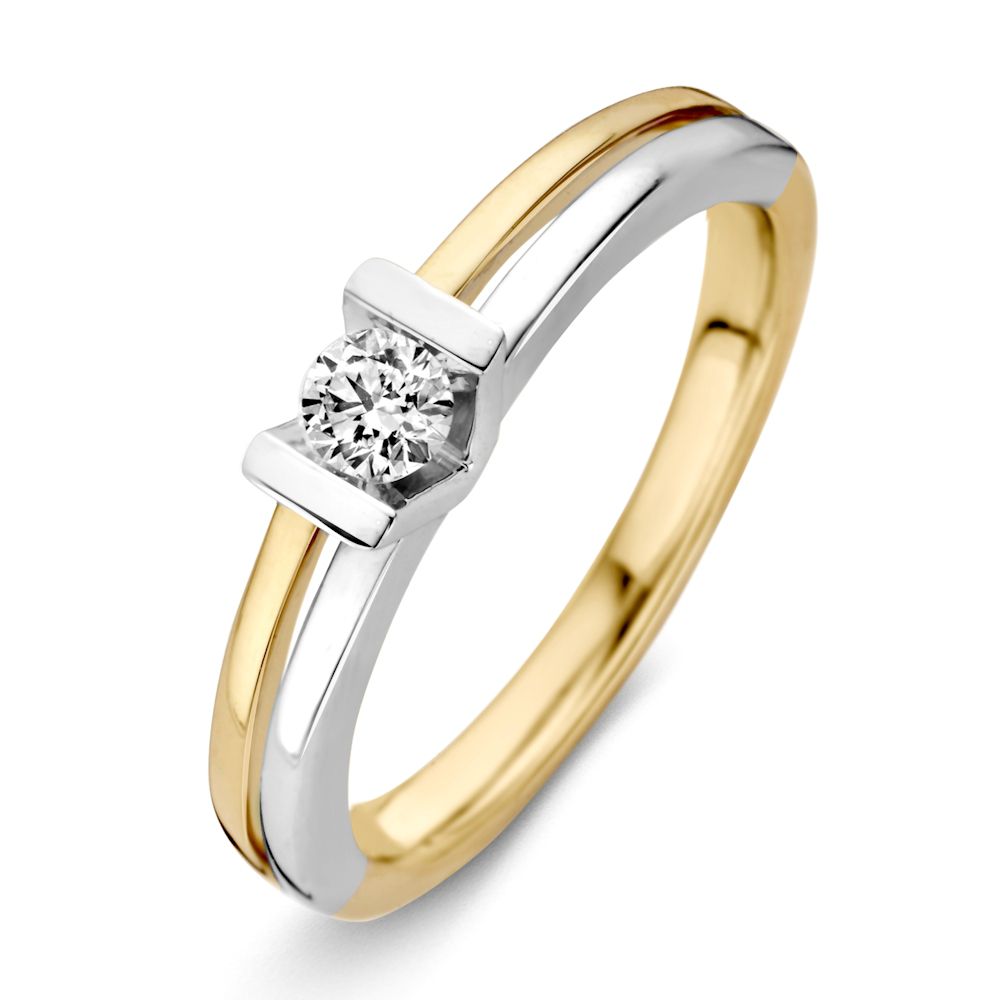 Anello da donna in oro bicolore giallo e bianco con diamante brillante da 0,18 ct.