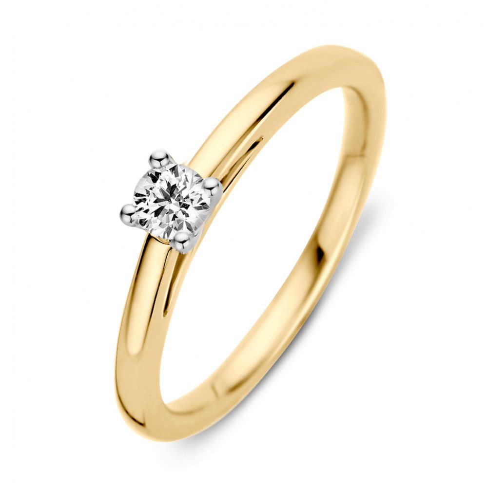 Anello solitario bicolore in oro bianco e giallo con brillante da 0,19 ct.