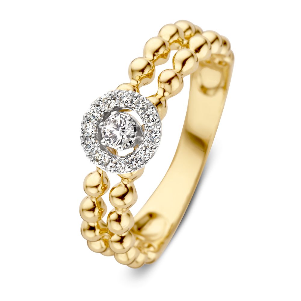 Anello in oro con diamanti e doppia fila di pallini d'oro, 0,19 crt.