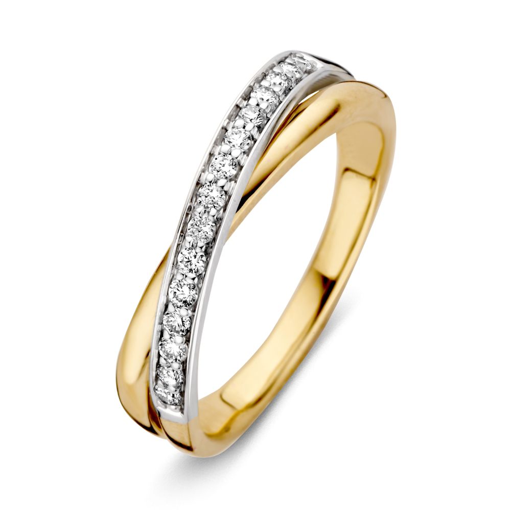 Anello crossover bicolore in oro bianco e giallo con diamanti da 0,20 crt.