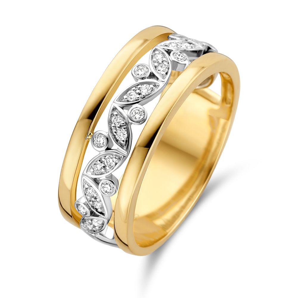 Anello bicolore in oro con diamanti da 0,20 carati, design a foglia.