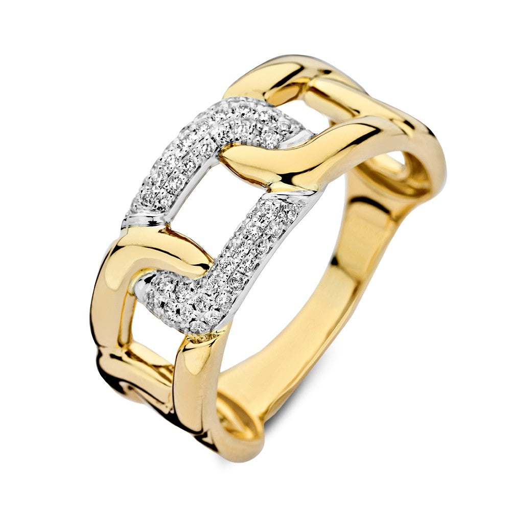 Anello bicolore in oro con brillanti – 0,20 carati, design a catena con dettagli lucidi.