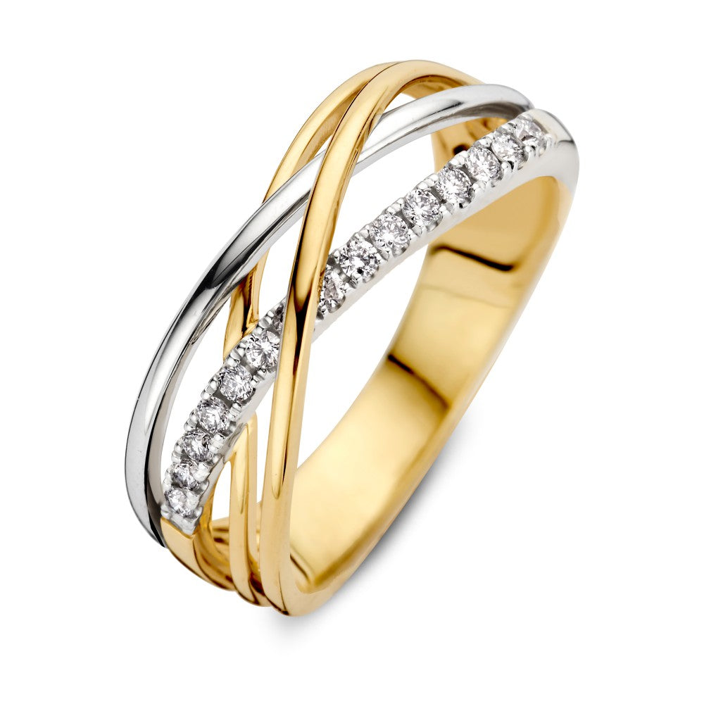 Anello crossover bicolore in oro bianco e giallo con diamanti – 0,20 carati.