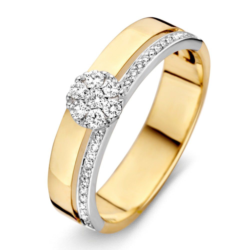 Anello bicolore in oro bianco e giallo con rosetta di diamanti – 0,22 crt.