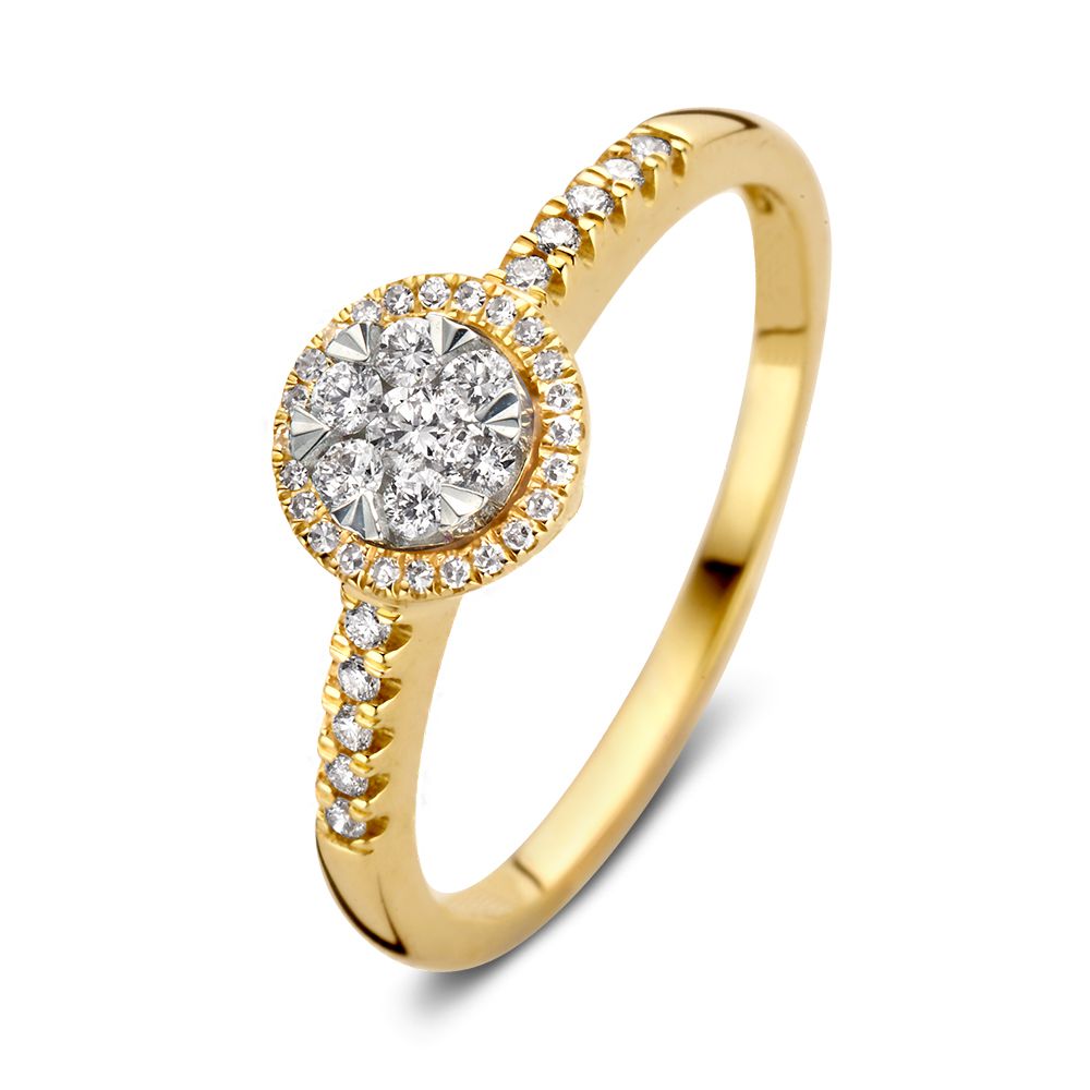 Anello bicolore in oro giallo e bianco con diamante ovale da 0,24 ct e diamanti circondanti.