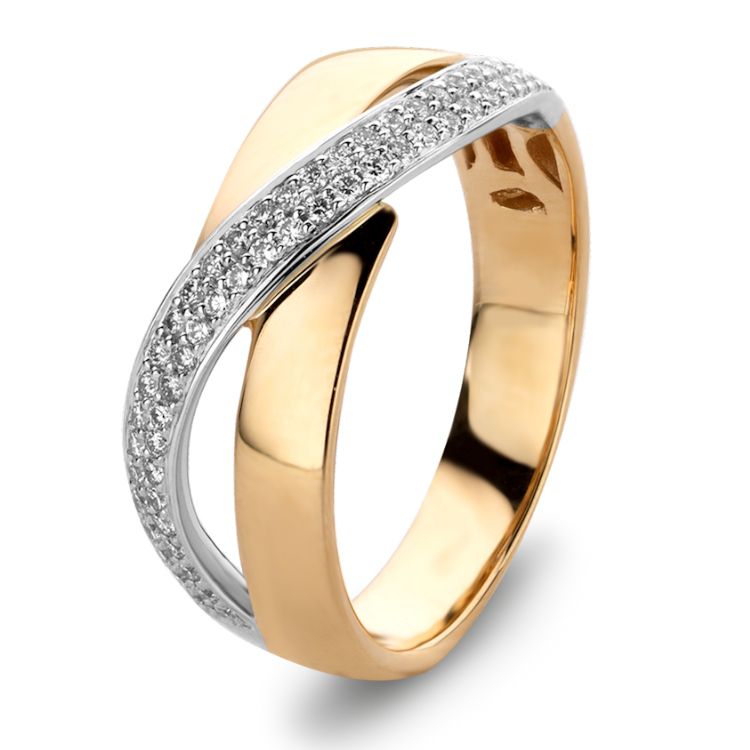 Anello bicolore con diamanti, 0,26 carati, finitura lucida e design intrecciato.