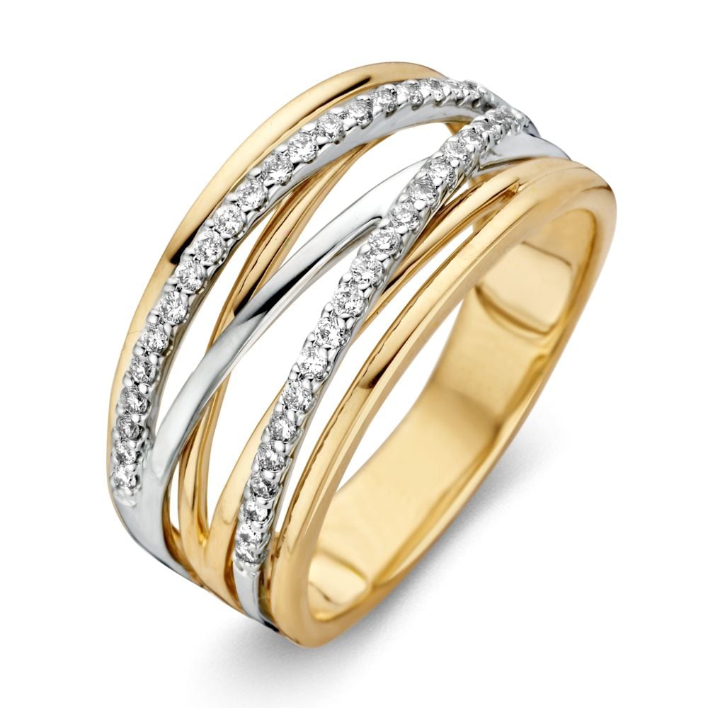 Anello bicolore in oro con diamanti, design crossover, finitura lucida.