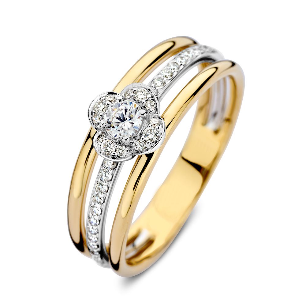 Anello bicolore in oro giallo e bianco con incastonatura a fiore di diamanti – 0,28 ct di diamanti, 14 carati.