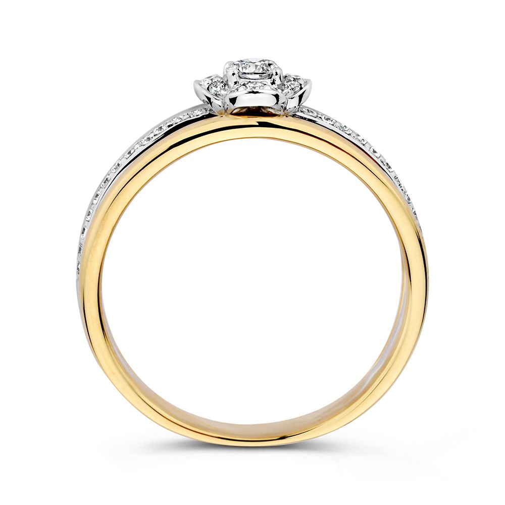 Anello da donna bicolore in oro giallo/bianco con incastonatura a fiore di diamanti – 0,28 ct diamanti, 14 carati