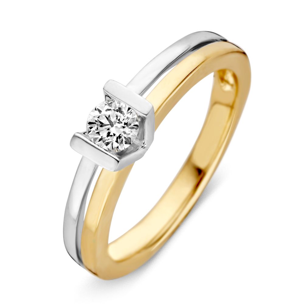 Anello da donna bicolore in oro giallo e bianco con diamante da 0,30 ct e design moderno, 14 carati.