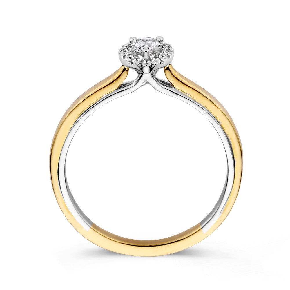 Anello Bicolore in Oro 14 Carati con Diamante Taglio a Pera in Incastonatura Entourage
