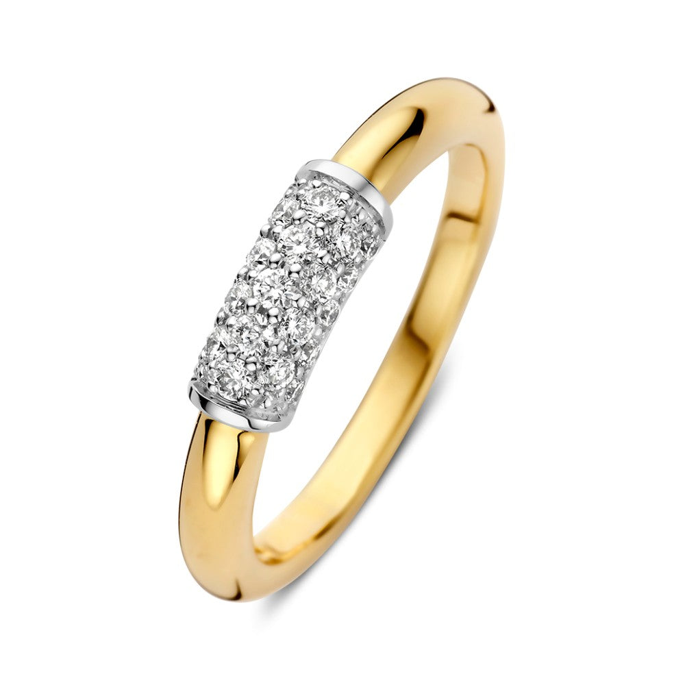 Anello bicolore elegante con dettagli brillanti e diamanti da 0,33 crt.
