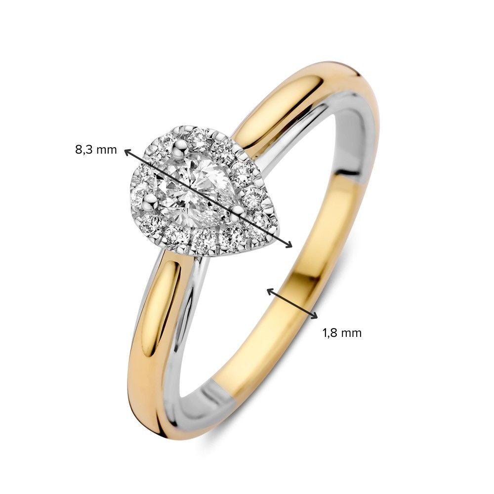 Anello Bicolore in Oro 14 Carati con Diamante Taglio a Pera in Incastonatura Entourage