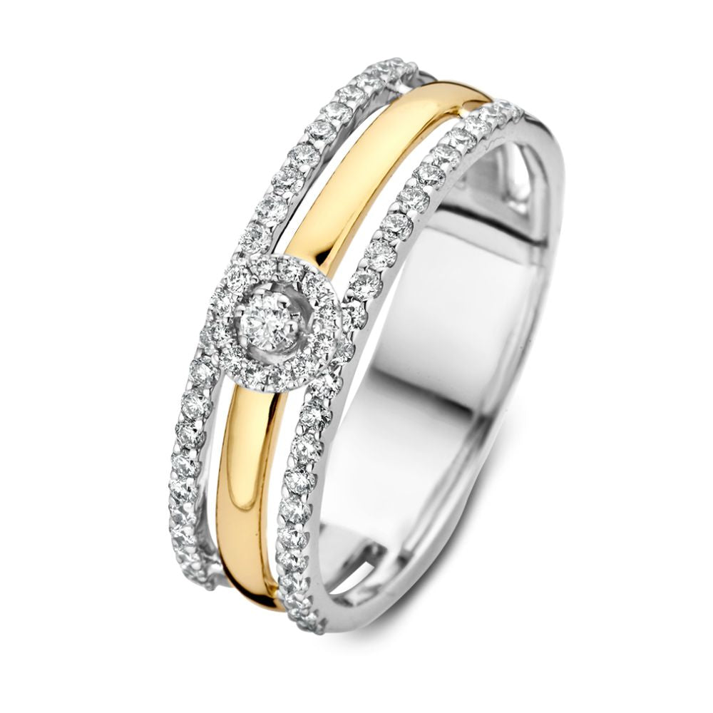 Anello largo da donna con effetto solitaire e due anelli impilabili, diamante da 0,37 crt.