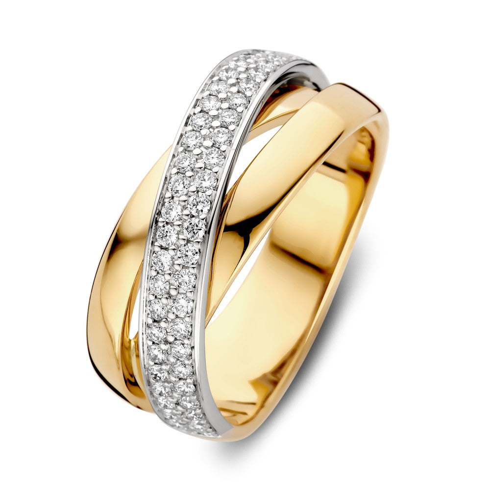 Anello incrociato di lusso con diamante brillante da 0,37 ct, finitura dorata e argentata.