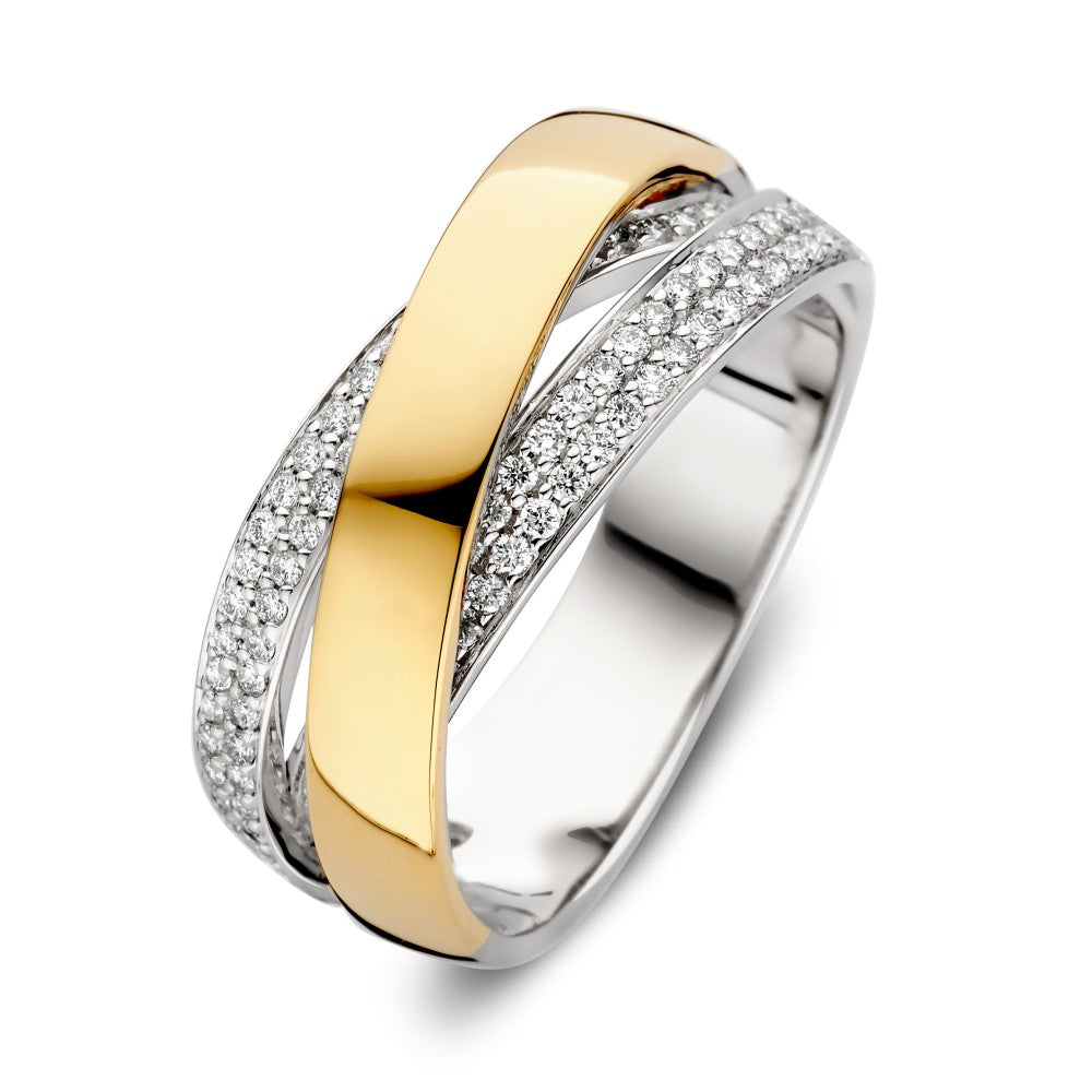 Anello crossover bicolore con diamante brillante da 0,37 ct.