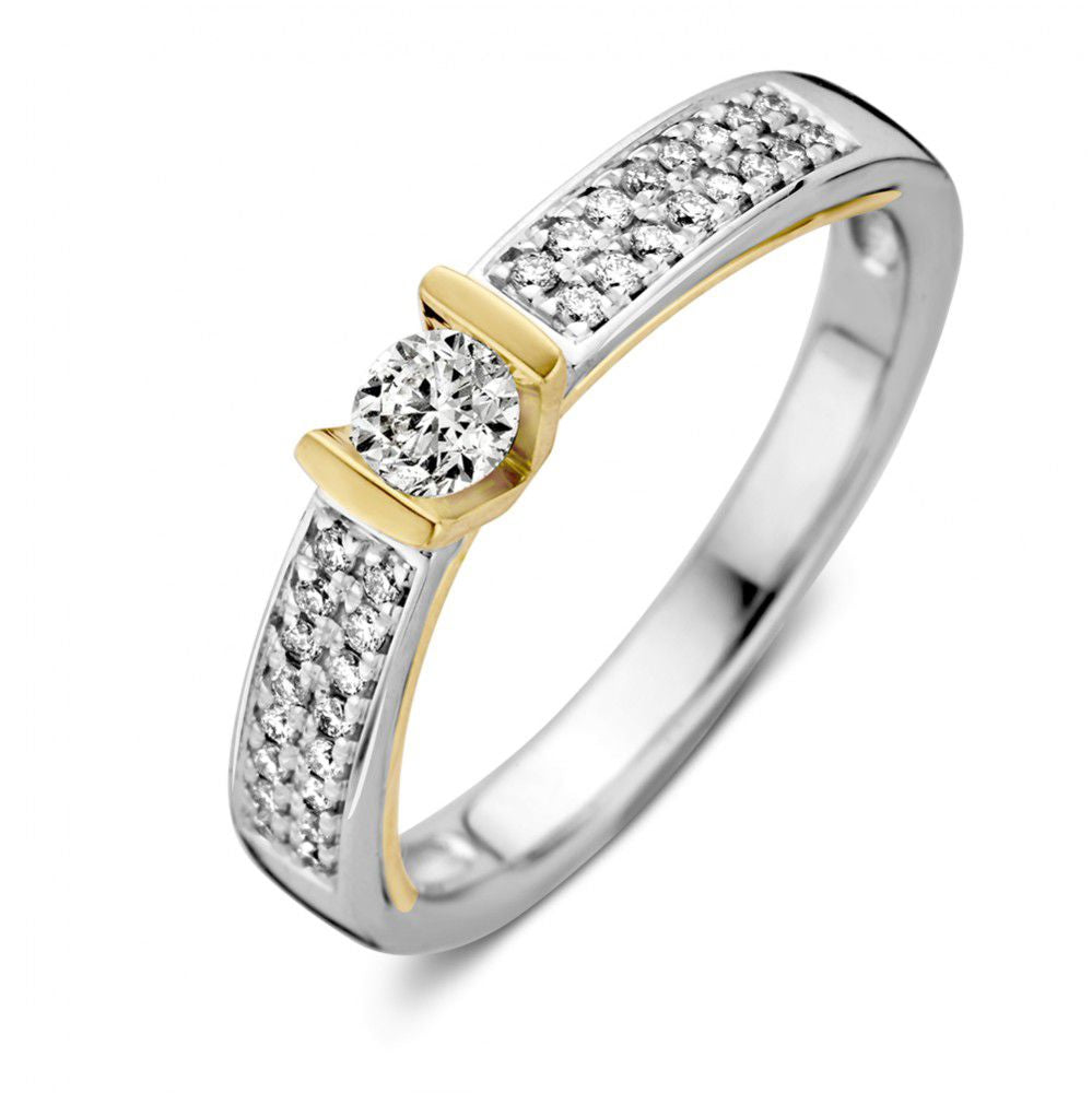 Anello bicolore in oro con diamante da 0,38 ct, 14 carati, con pavé di diamanti.
