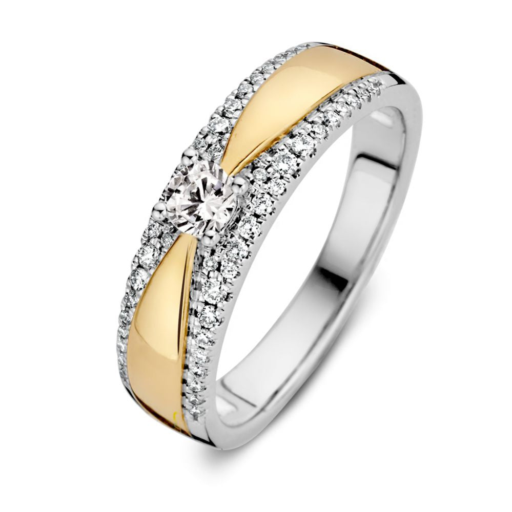 Bicolor Geel- en Witgouden Damesring met Diamant (0.40 ct)