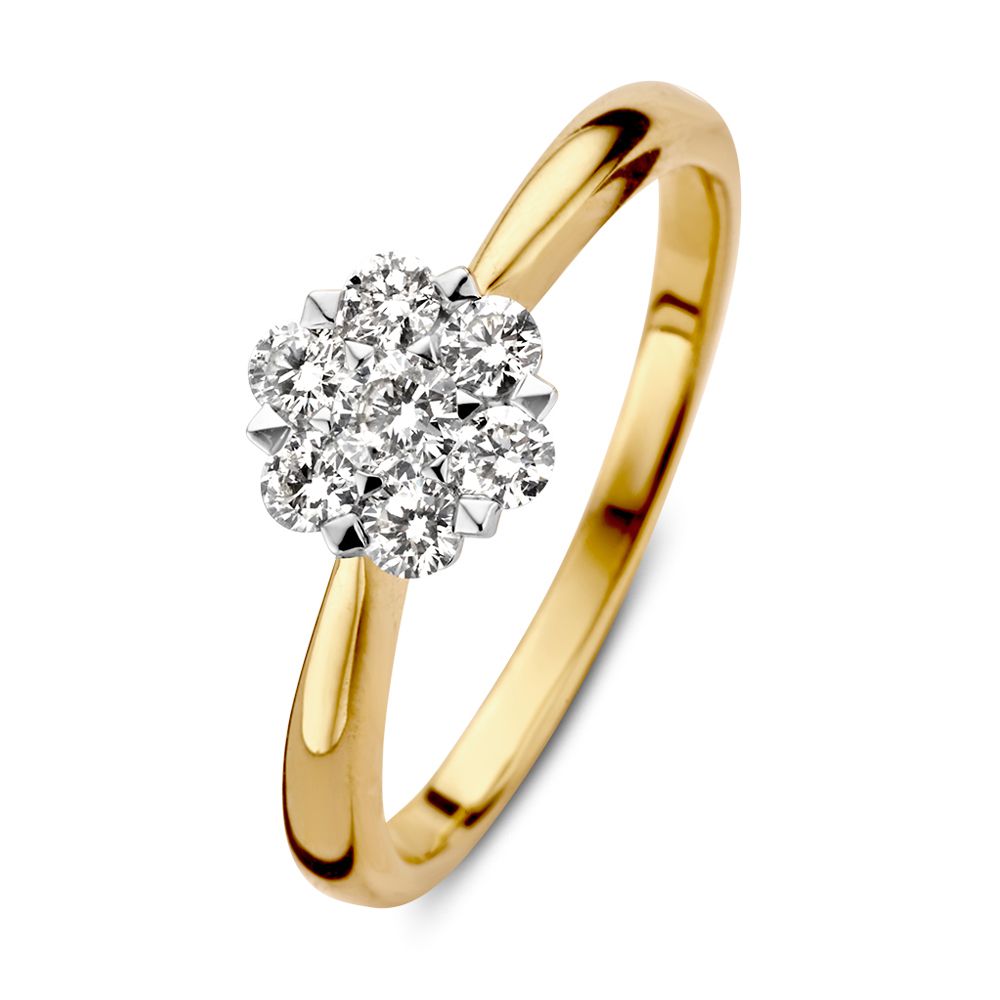 Anello bicolore in oro con diamante (0,40 ct) – oro giallo e bianco, design a fiore.