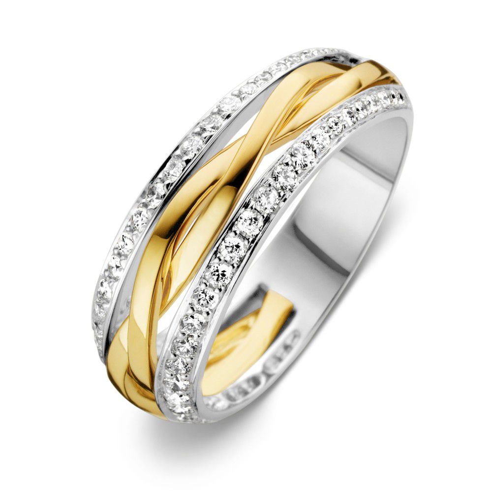 Anello bicolore in oro bianco e giallo con diamanti (0,47 ct) e finitura lucida.