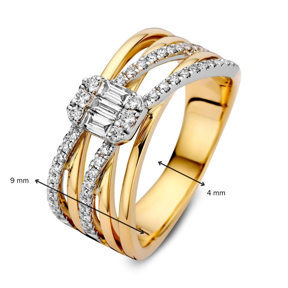 Lussuoso Anello Incrociato con Diamanti Baguette e Brillanti 0.53 crt in Oro Giallo/Bianco 14 Carati