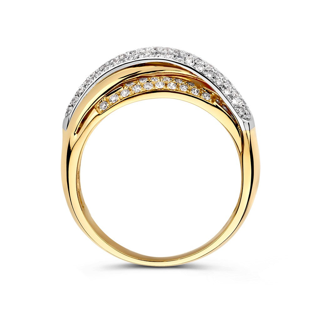 Splendido Anello Crossover Bicolore in Oro Bianco e Giallo con Diamanti Pavé