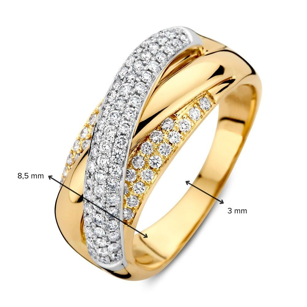Splendido Anello Crossover Bicolore in Oro Bianco e Giallo con Diamanti Pavé