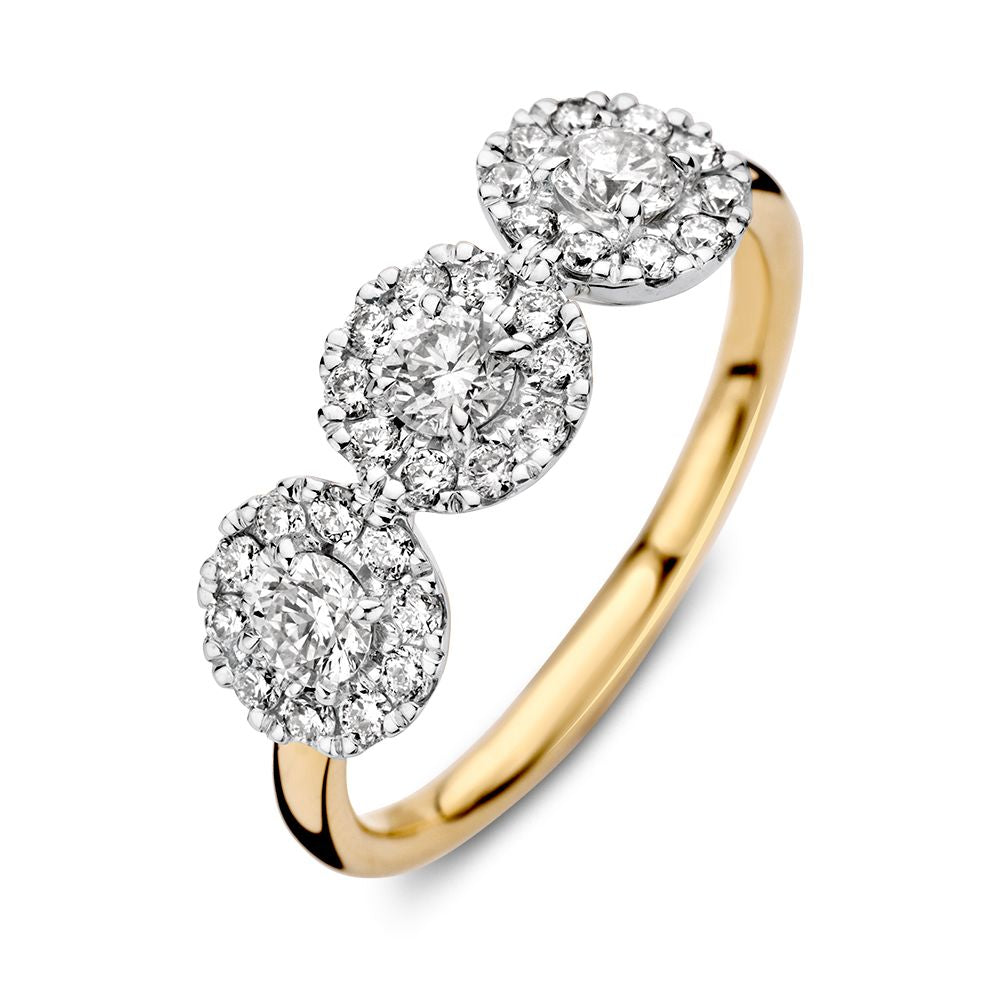 Anello bicolore in oro con tre pietre di diamante da 0,81 ct H/SI-1, 14 carati.