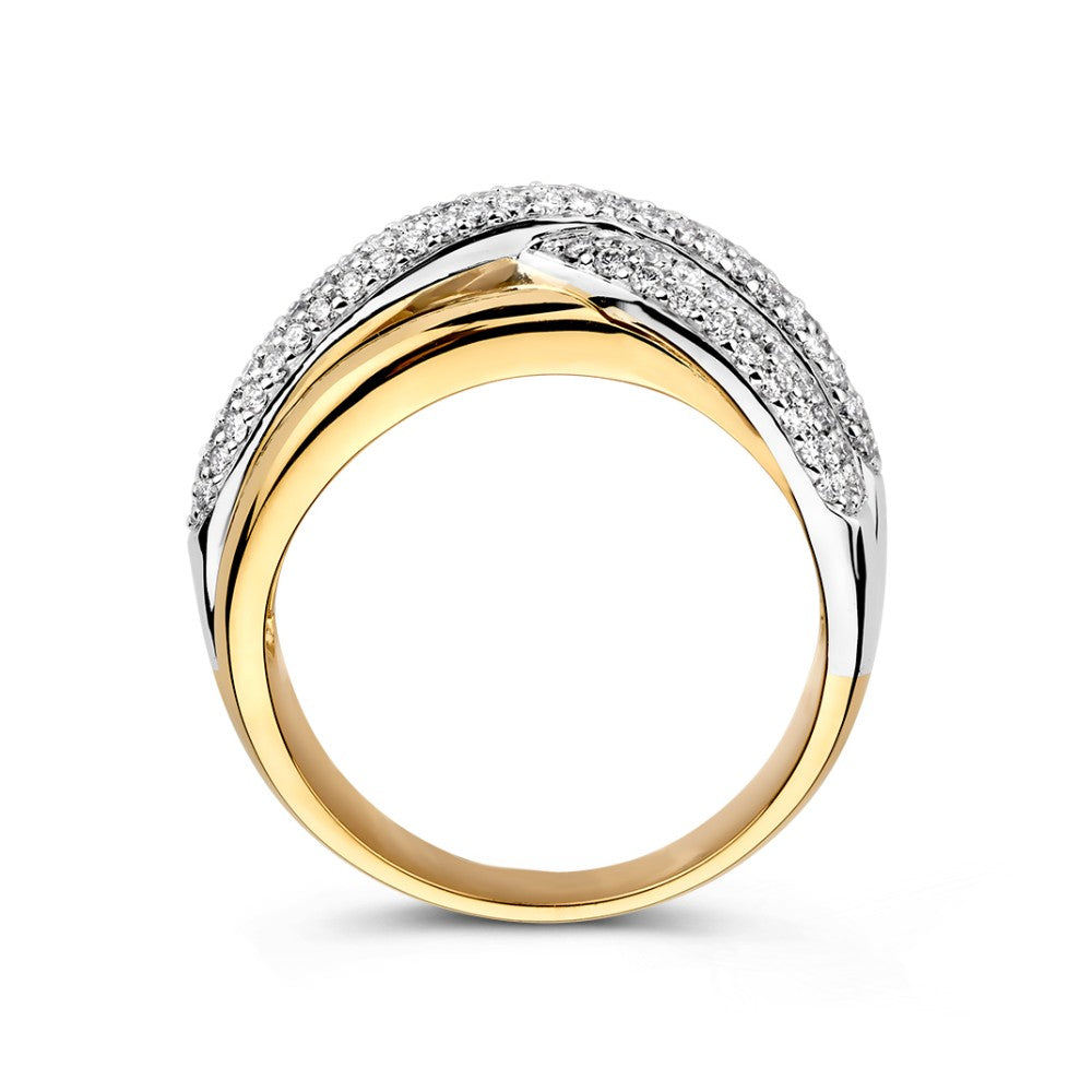 Anello Bicolore in Oro Bianco e Giallo con Diamanti in Vivaci Fasce Incrociate