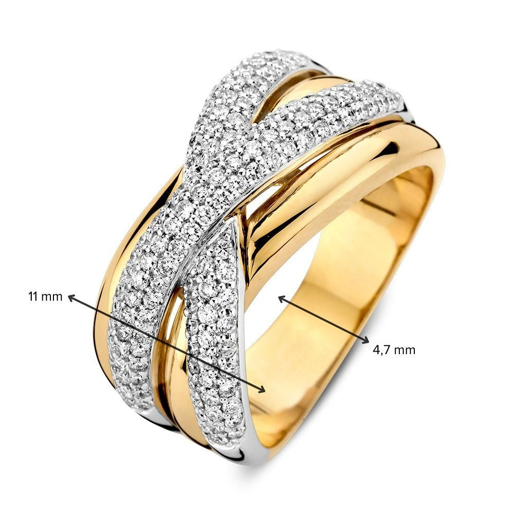 Anello Bicolore in Oro Bianco e Giallo con Diamanti in Vivaci Fasce Incrociate