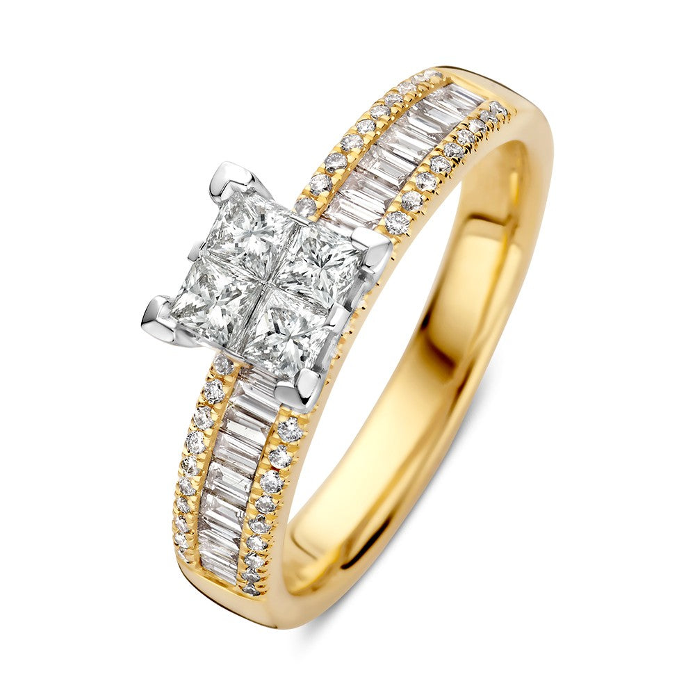 Anello bicolore con brillanti da 0,94 ct, con pietre quadrate e baguette.
