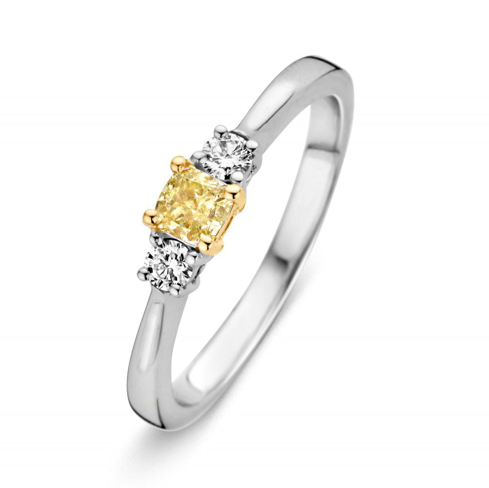 Anello da donna in oro bianco 14 carati con diamante giallo a forma di cuscino e diamanti.