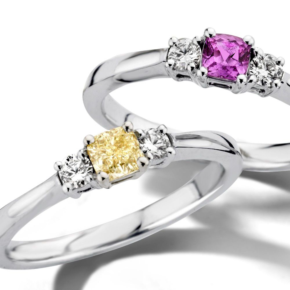Anello da Donna in Oro Bianco 14 Carati con Diamante Giallo Cushion e Brillanti