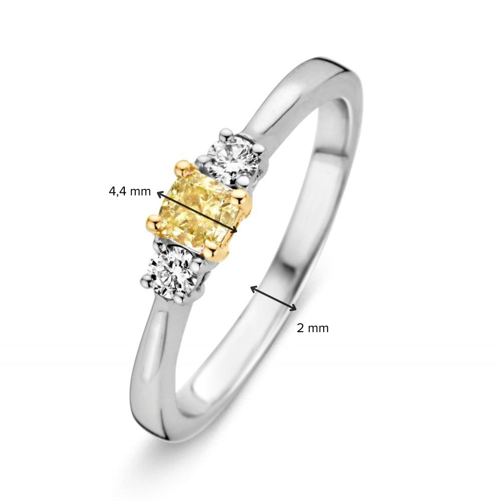 Anello da Donna in Oro Bianco 14 Carati con Diamante Giallo Cushion e Brillanti