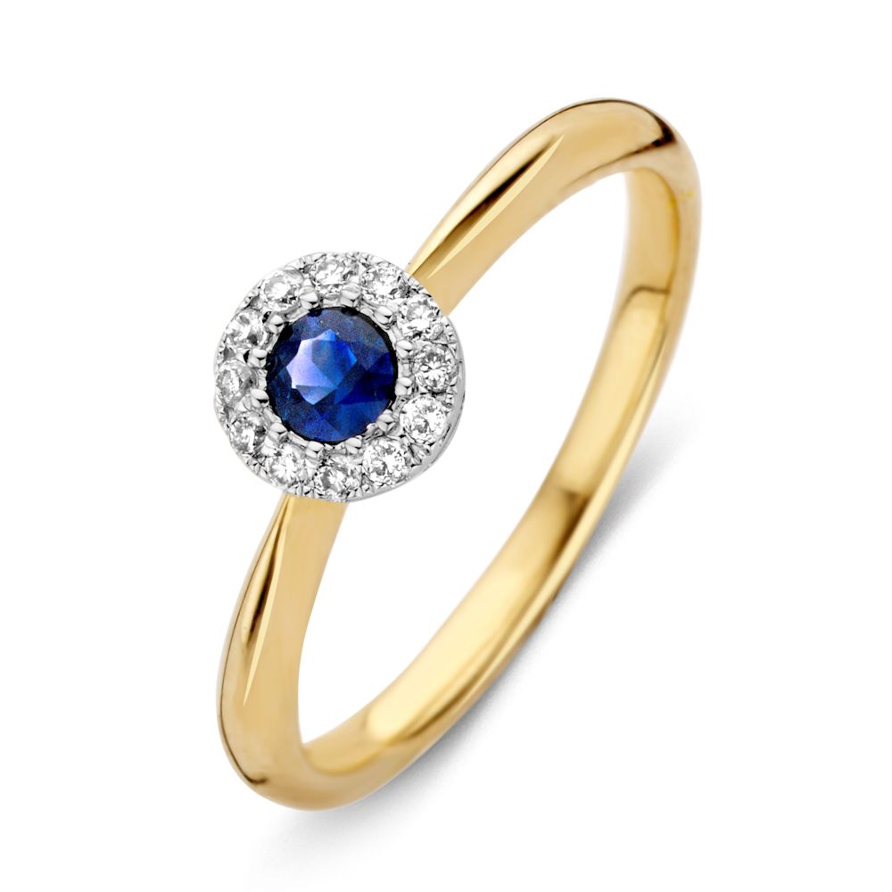 Anello in oro giallo 14 carati con zaffiro blu e diamanti, design delicato e rotondo.