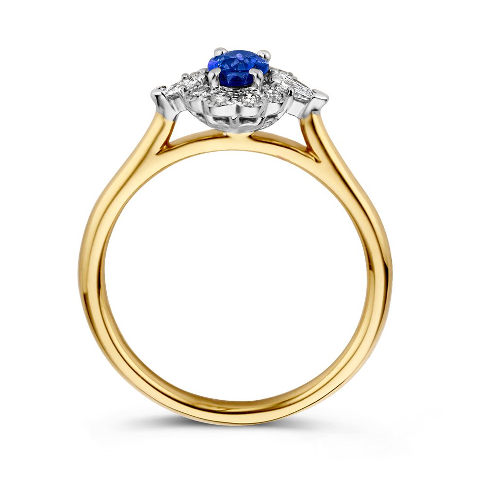 Anello da Donna in Oro 14 Carati con Zaffiro Blu Ovale e Halo di Diamanti