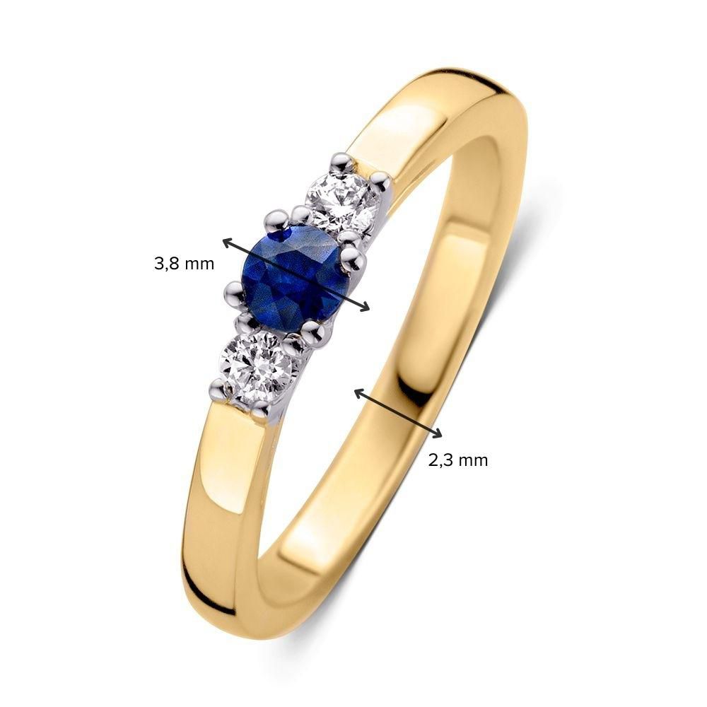 Anello Classico a Tre Pietre in Oro 14 Carati con Zaffiro Blu e Brillanti