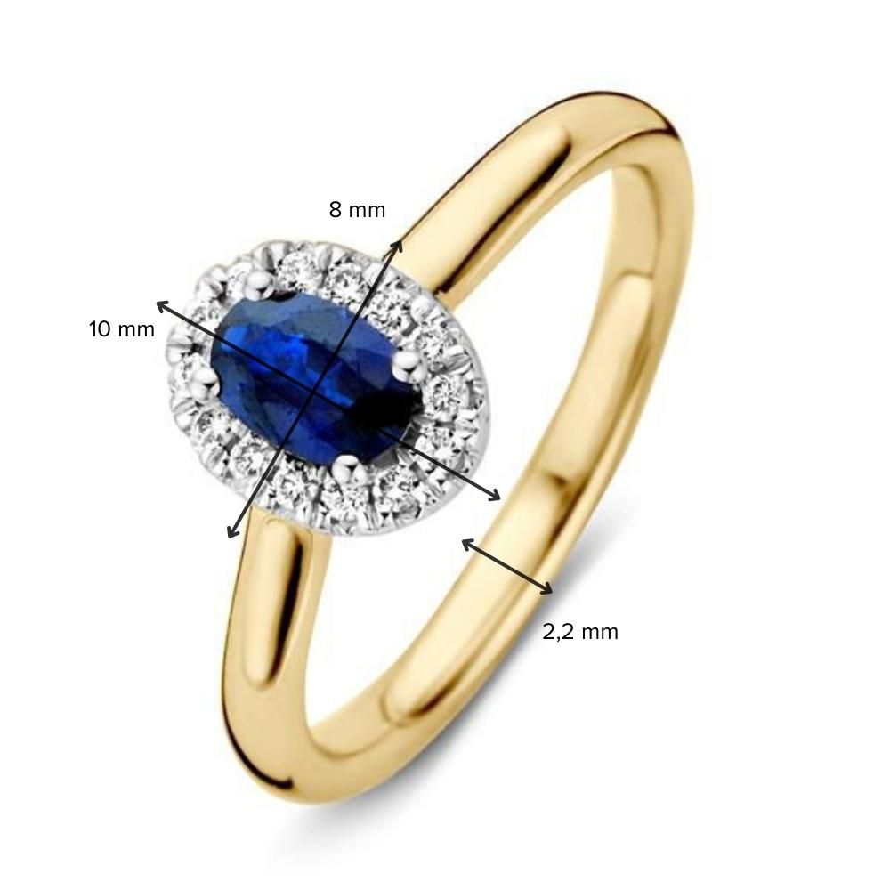 Anello da Donna in Oro 14 Carati con Zaffiro Blu e Halo di Diamanti