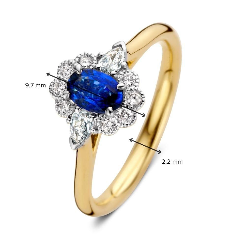 Anello da Donna in Oro 14 Carati con Zaffiro Blu Ovale e Halo di Diamanti