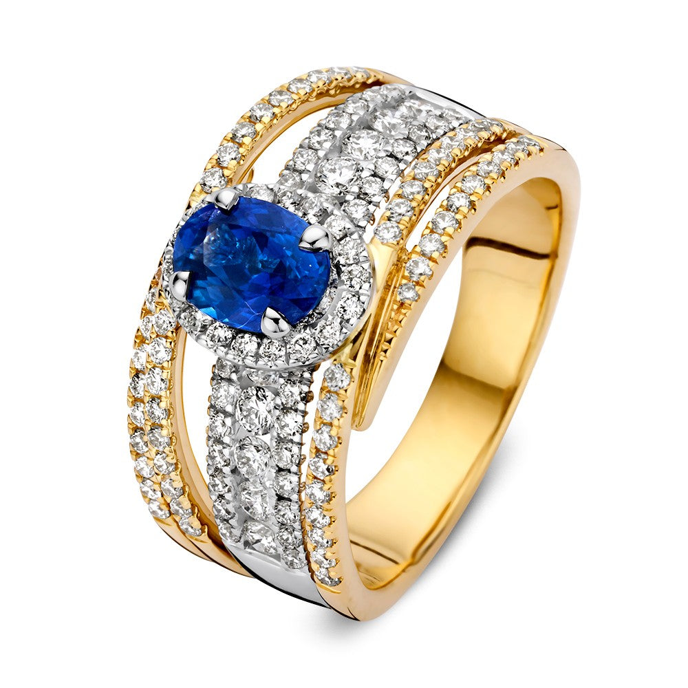 Anello in oro con zaffiro ovale blu reale e diamanti da 1,07 ct.