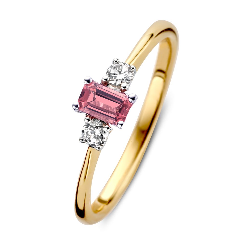 Anello bicolore in oro 14 carati con tormalina rosa baguette e diamanti.