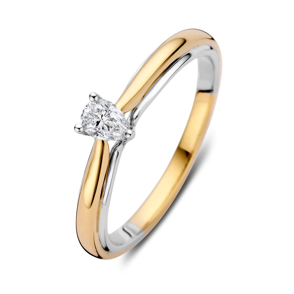 Anello solitario bicolore in oro 14k con diamante a forma di pera da 0,23 ct.