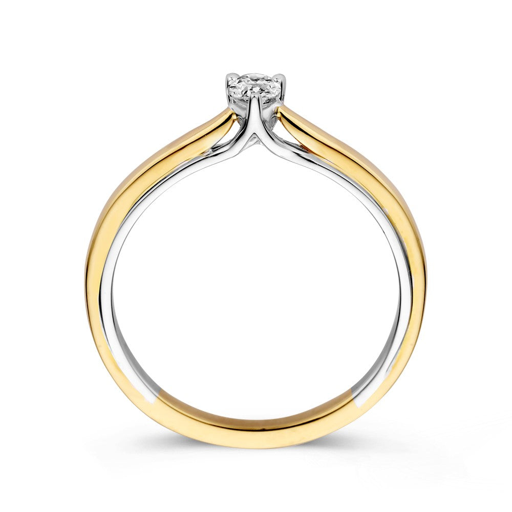 Anello Solitario Bicolore in Oro 14 Carati con Diamante Taglio a Pera 0.23 crt