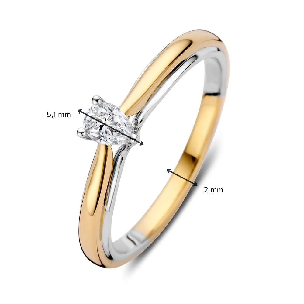 Anello Solitario Bicolore in Oro 14 Carati con Diamante Taglio a Pera 0.23 crt