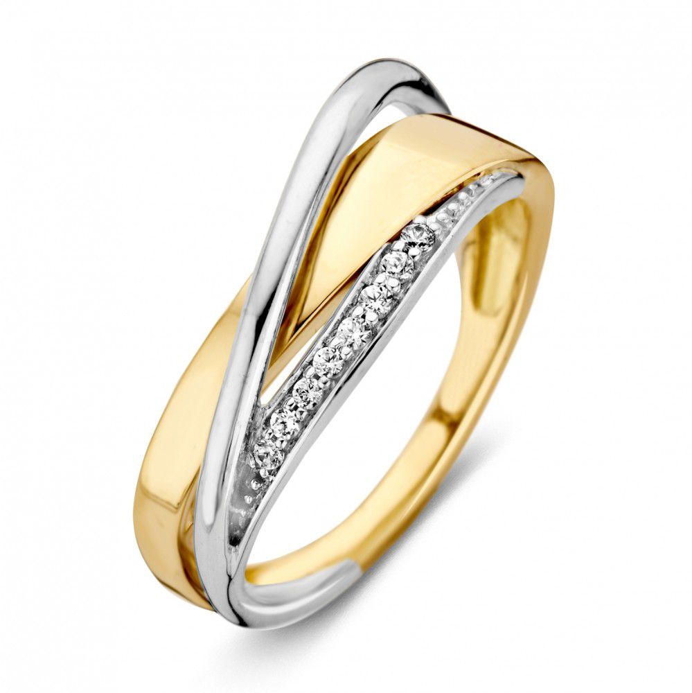 Anello bicolore in oro 14 carati con zircone bianche, larghezza 7,9 mm.