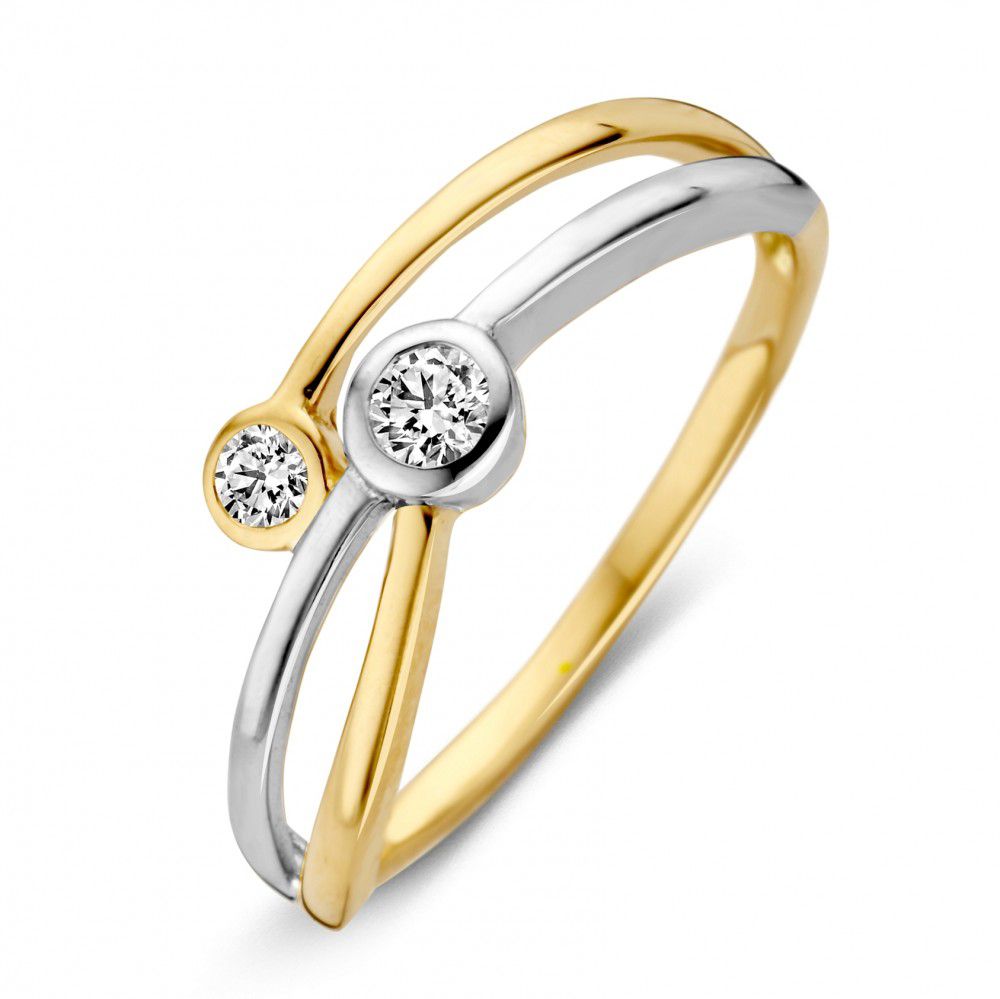 Anello bicolore in oro 14 carati con zircone bianche di 6,6 mm.