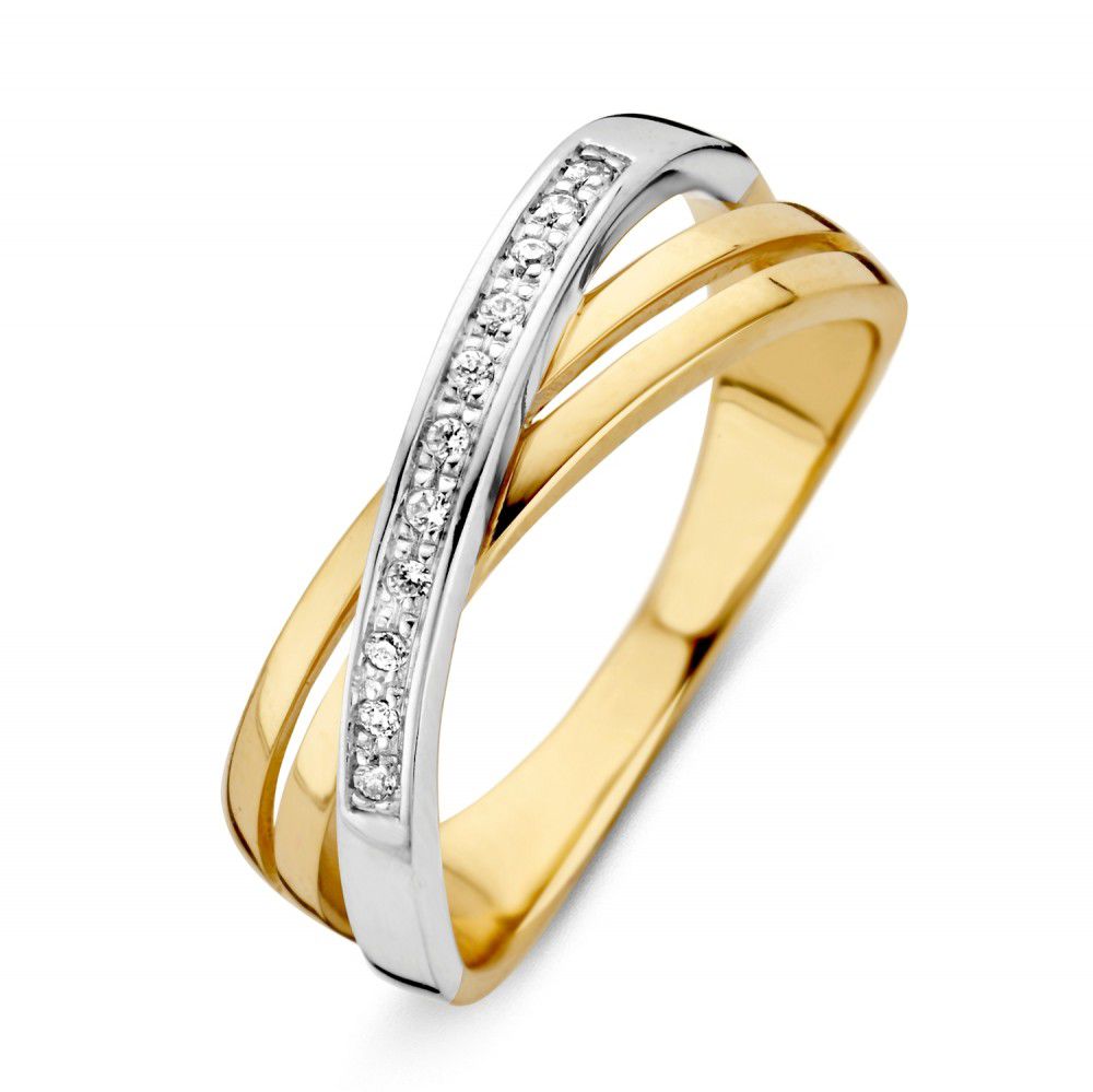Anello bicolore con zircone, finitura lucida, design intrecciato con dettagli argentati e dorati.