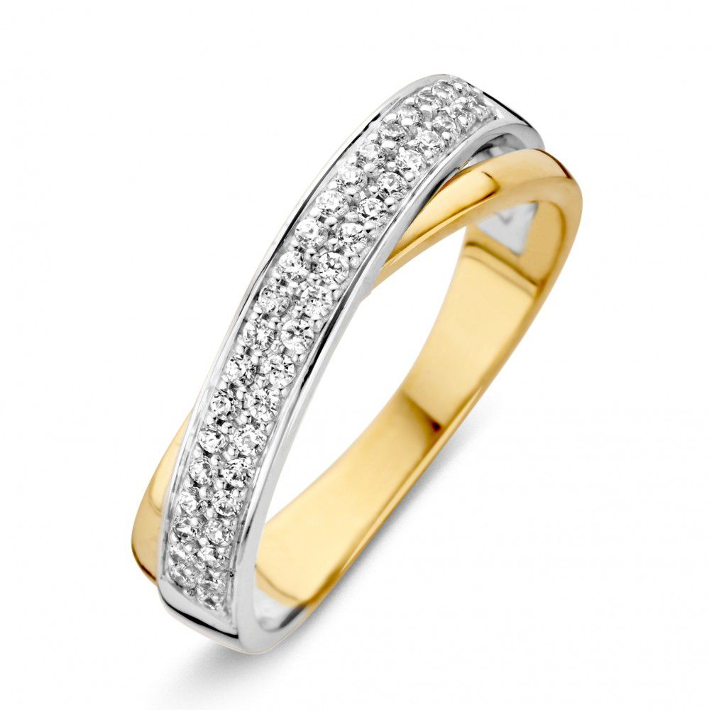 Anello bicolore in oro bianco e giallo con zirconi bianchi, 14 carati, larghezza 5 mm.