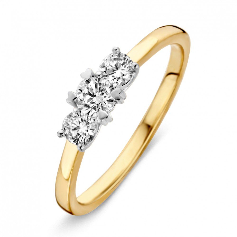 Anello bicolore in oro 14 carati con tre zirconi bianchi di 4,6 mm.