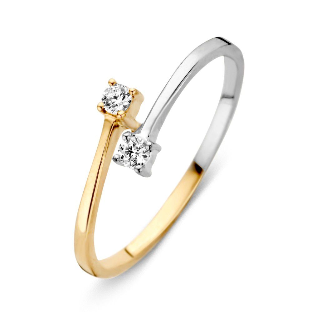 Anello bicolore in oro con zirconi bianchi, 14 carati, larghezza 5,5 mm.